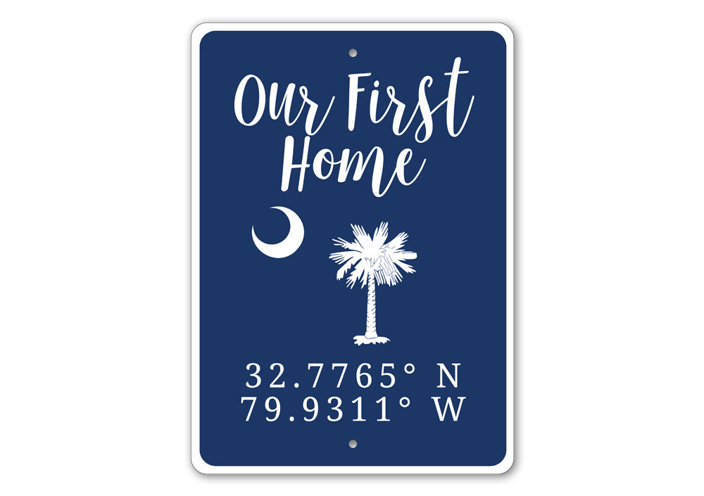 A beautifully crafted 'Our First Home' sign made of high-quality aluminum, featuring customizable text, perfect for home decor.