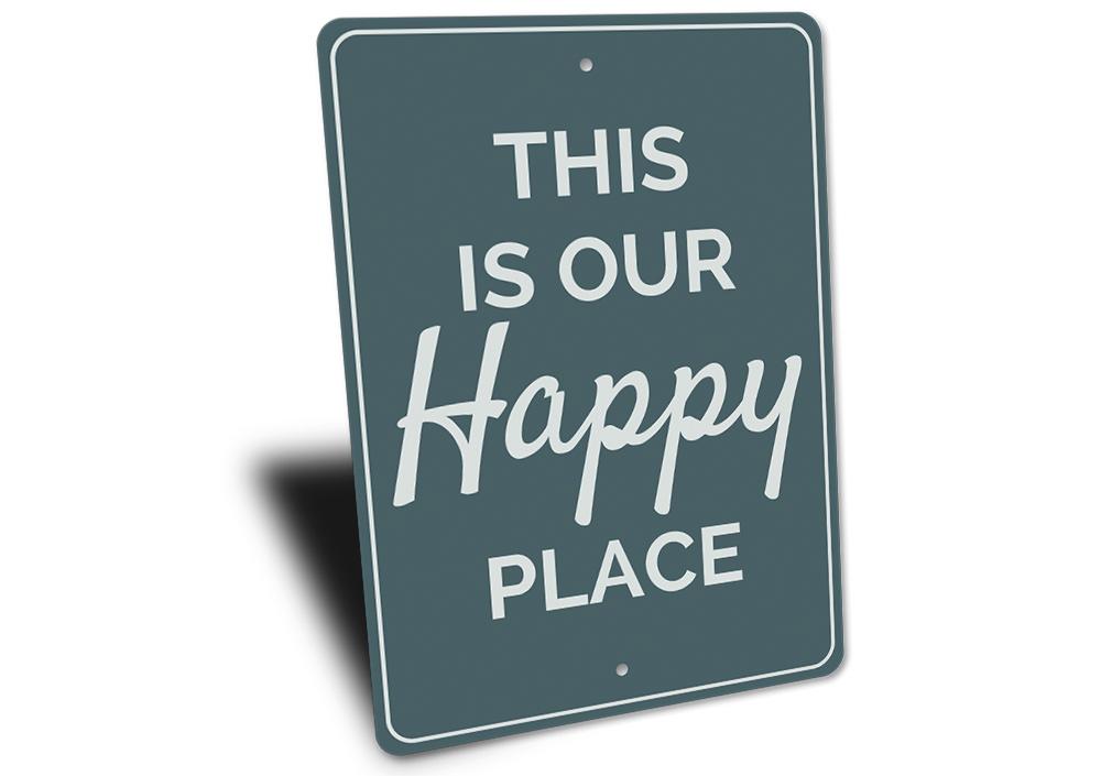 A decorative aluminum sign reading 'Our Happy Place', featuring vibrant colors and a beach-themed design, perfect for coastal decor.