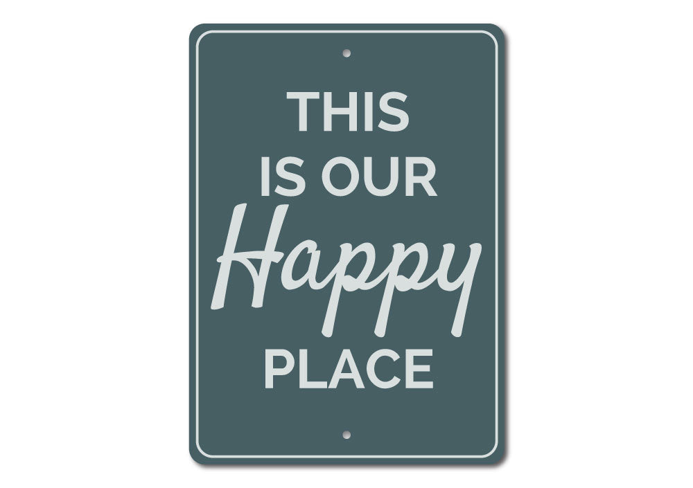 A decorative aluminum sign reading 'Our Happy Place', featuring vibrant colors and a beach-themed design, perfect for coastal decor.