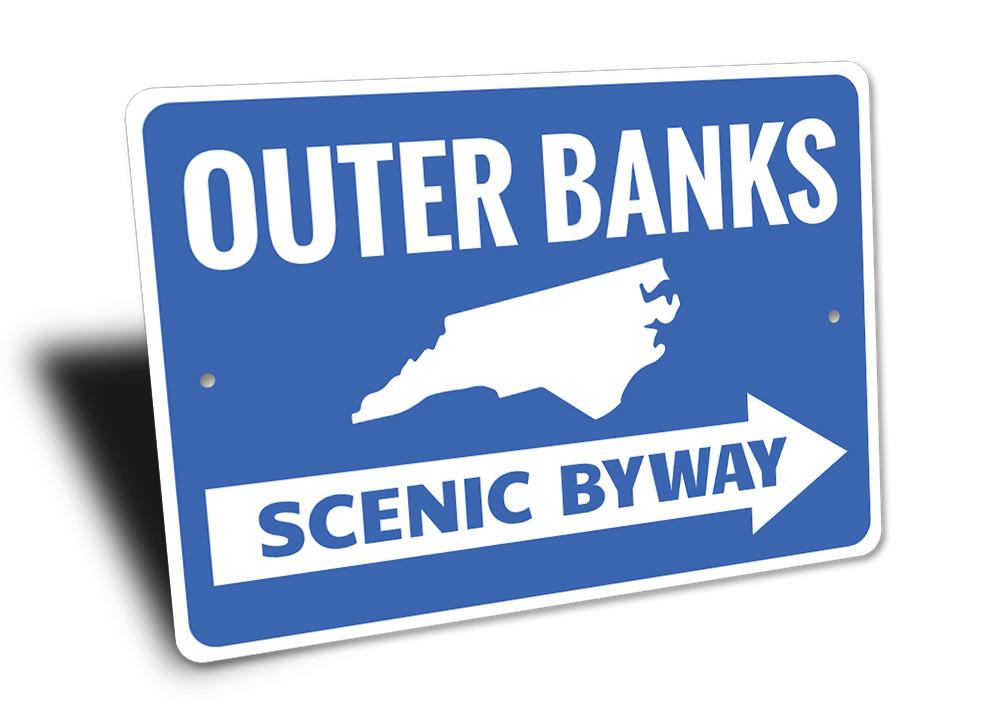 Outer Banks Arrow Sign made of high-quality aluminum, featuring customizable text and pre-drilled holes for easy mounting.