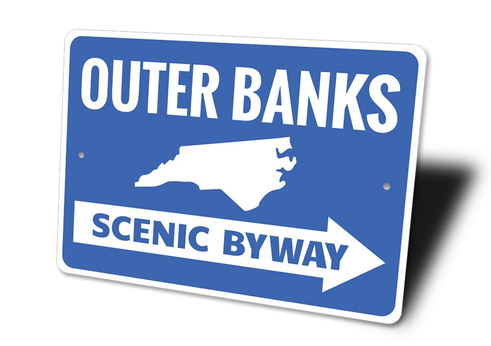 Outer Banks Arrow Sign made of high-quality aluminum, featuring customizable text and pre-drilled holes for easy mounting.