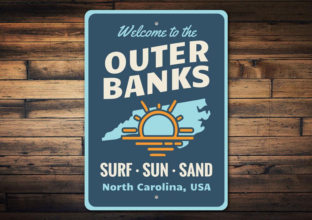 Outer Banks North Carolina decorative sign made of high-quality aluminum, featuring coastal-themed design, perfect for beach houses and decor.