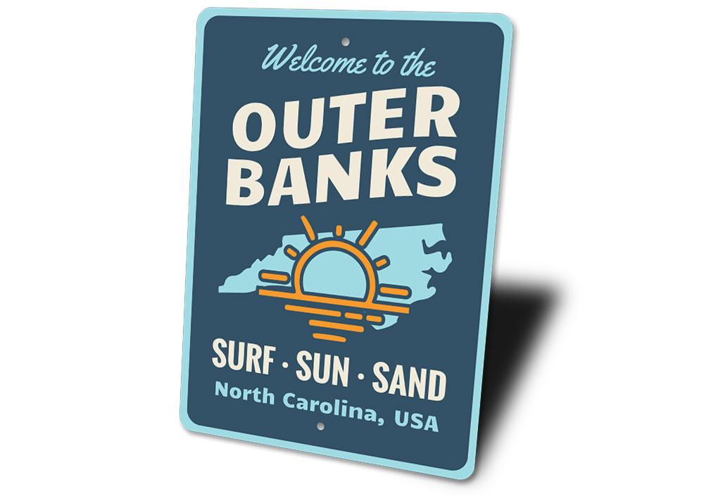 Outer Banks North Carolina decorative sign made of high-quality aluminum, featuring coastal-themed design, perfect for beach houses and decor.