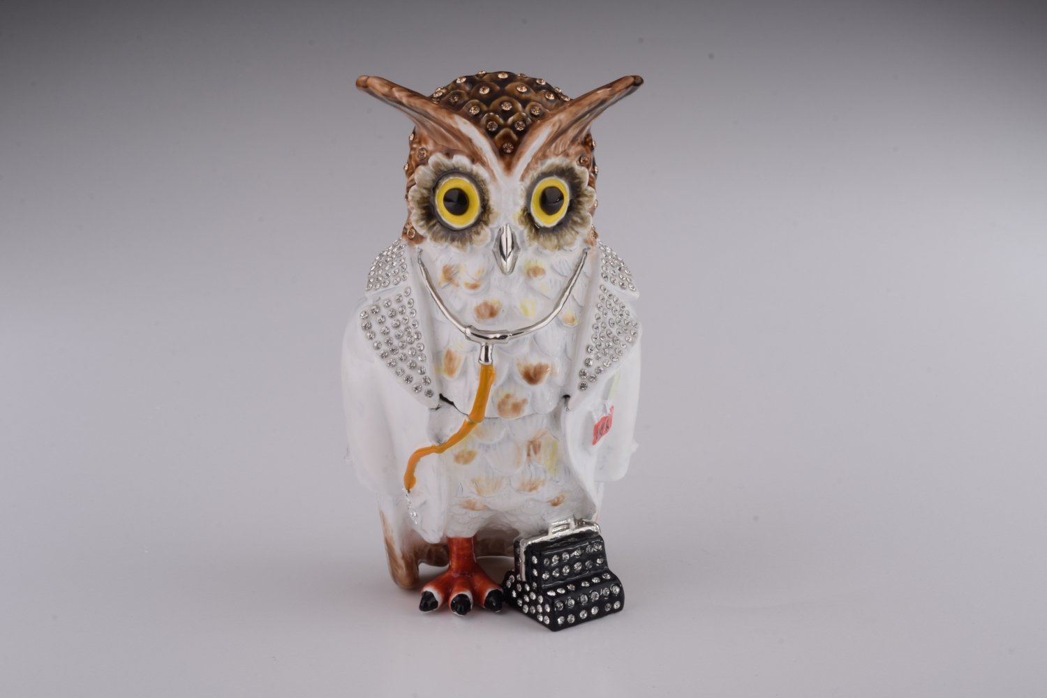 Owl Doctor Trinket Box featuring enamel painting and Austrian crystals, elegantly plated with 24K gold or 925 silver.