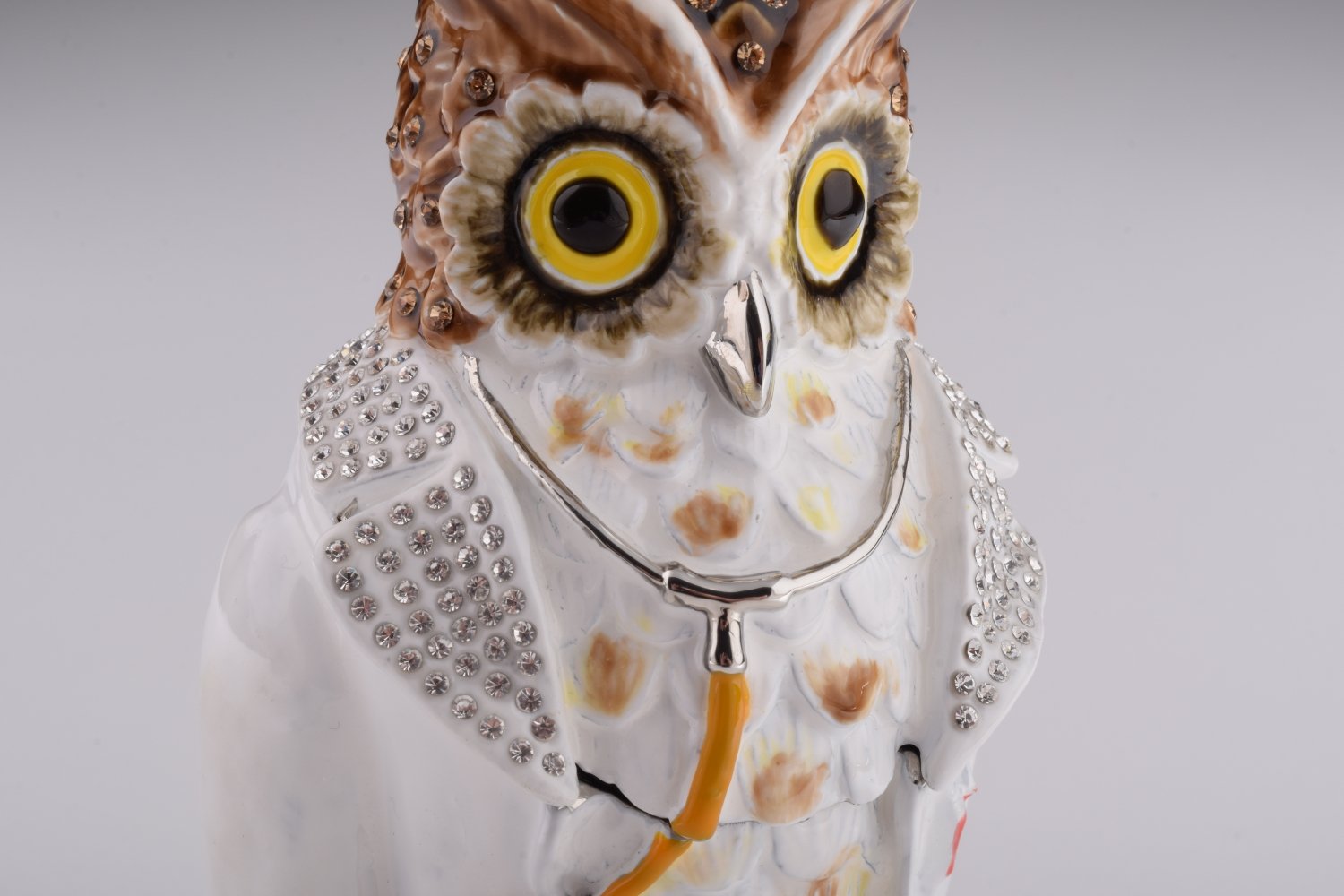 Owl Doctor Trinket Box featuring enamel painting and Austrian crystals, elegantly plated with 24K gold or 925 silver.