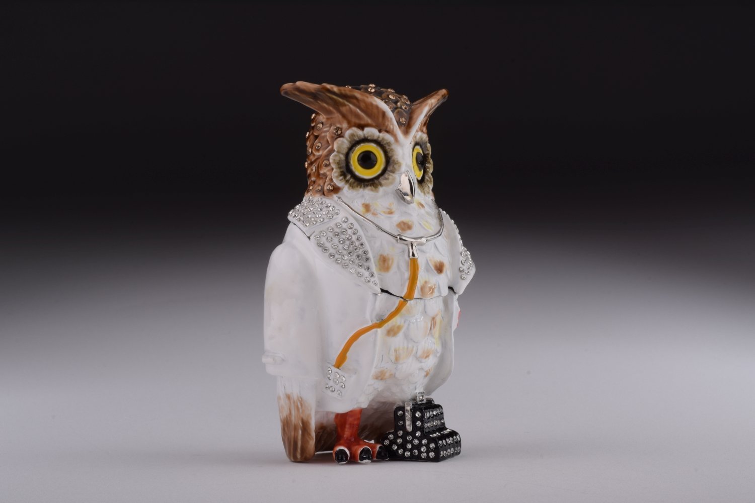 Owl Doctor Trinket Box featuring enamel painting and Austrian crystals, elegantly plated with 24K gold or 925 silver.