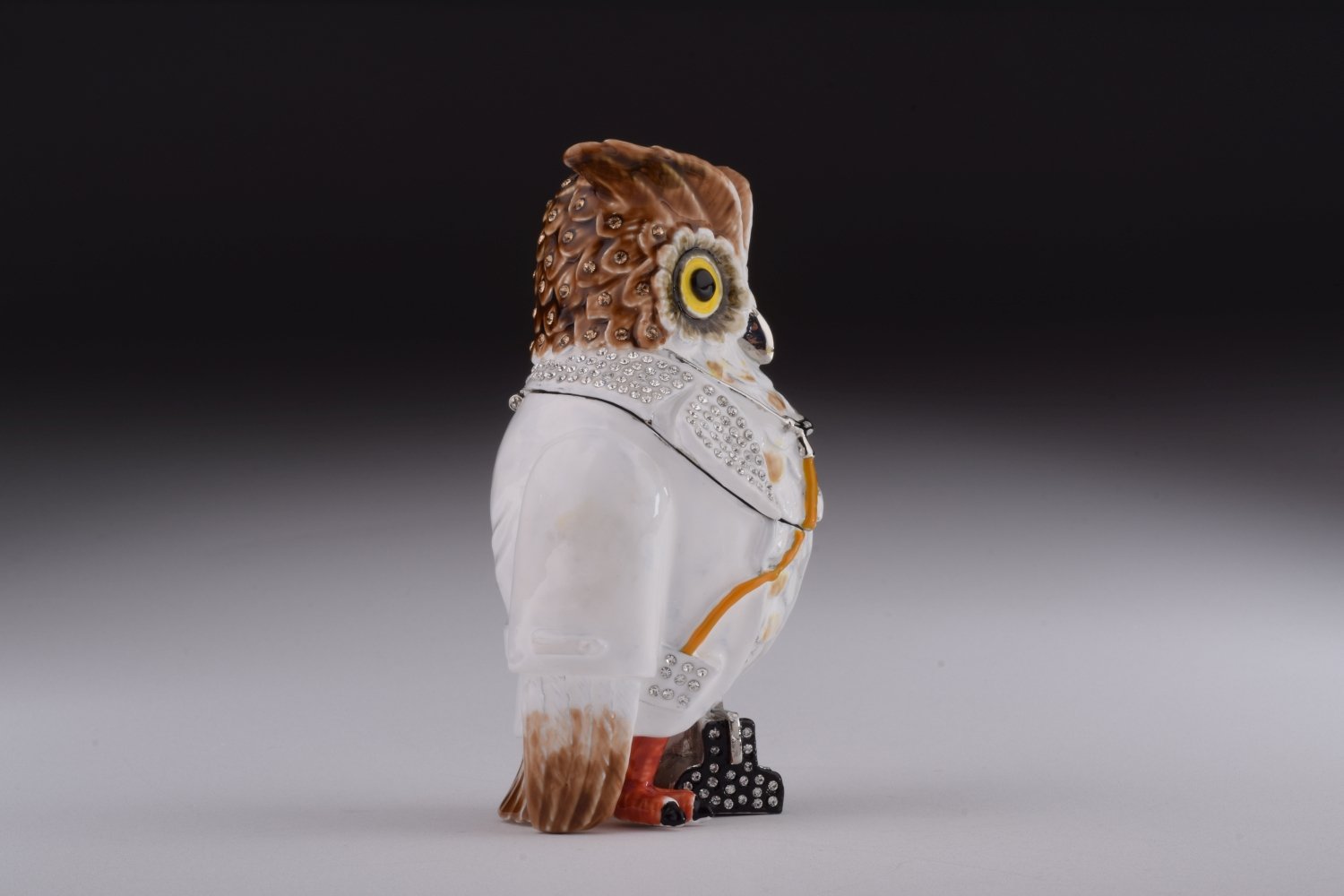 Owl Doctor Trinket Box featuring enamel painting and Austrian crystals, elegantly plated with 24K gold or 925 silver.