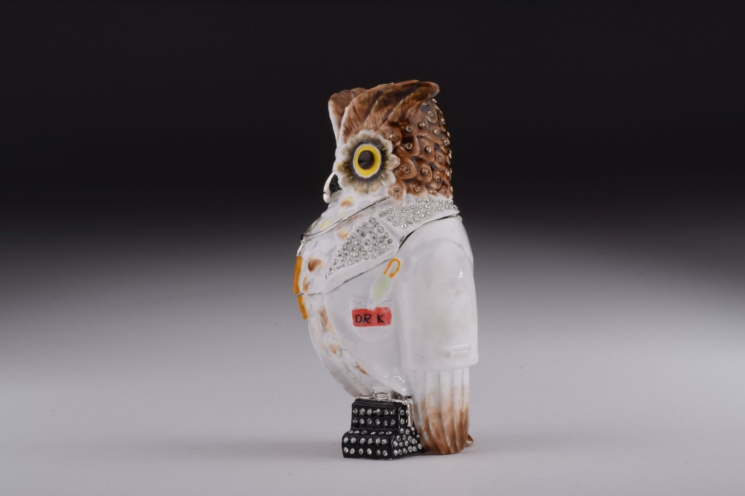 Owl Doctor Trinket Box featuring enamel painting and Austrian crystals, elegantly plated with 24K gold or 925 silver.