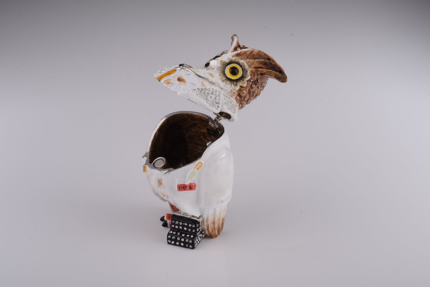 Owl Doctor Trinket Box featuring enamel painting and Austrian crystals, elegantly plated with 24K gold or 925 silver.