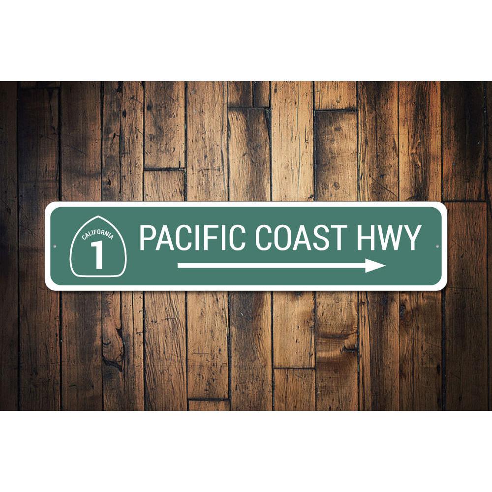 Pacific Coast Highway Sign made of durable aluminum, featuring vibrant colors and customizable text, perfect for home decor.