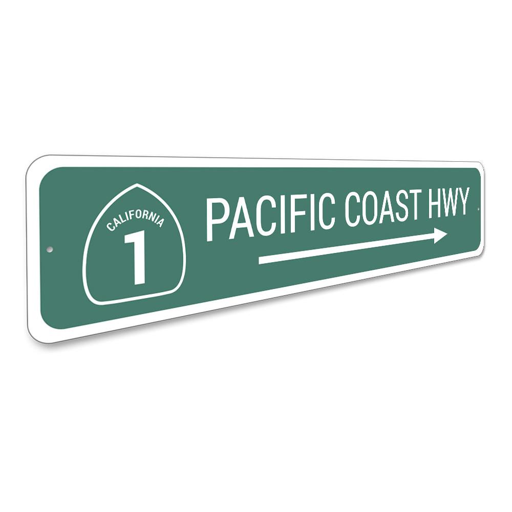 Pacific Coast Highway Sign made of durable aluminum, featuring vibrant colors and customizable text, perfect for home decor.