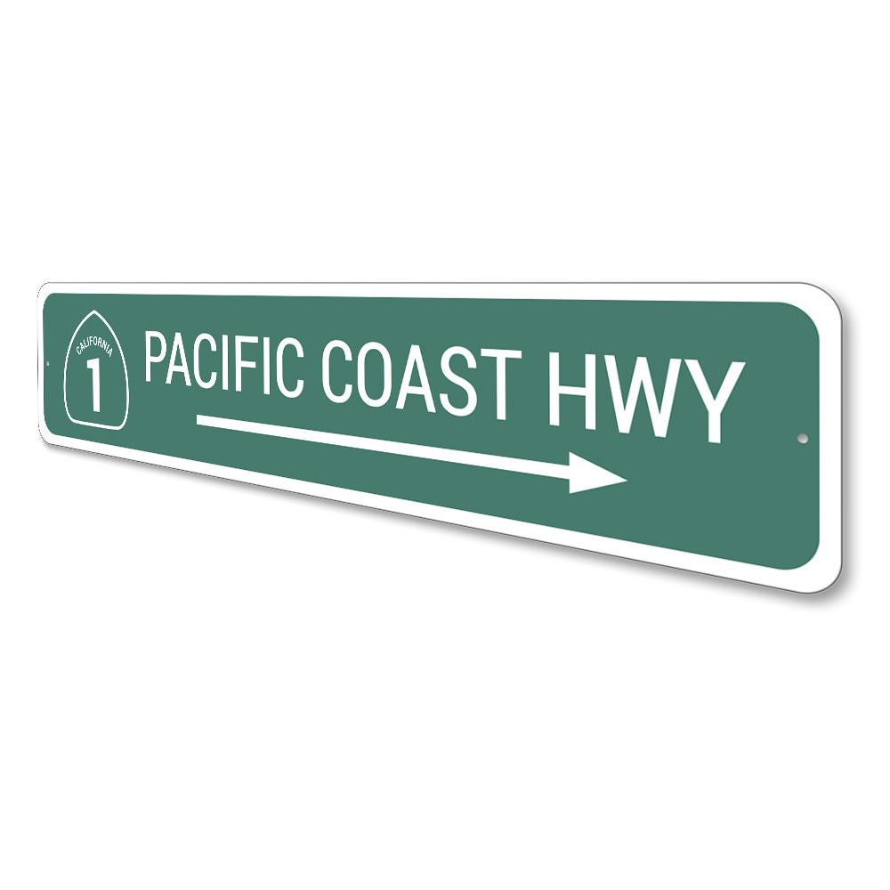 Pacific Coast Highway Sign made of durable aluminum, featuring vibrant colors and customizable text, perfect for home decor.