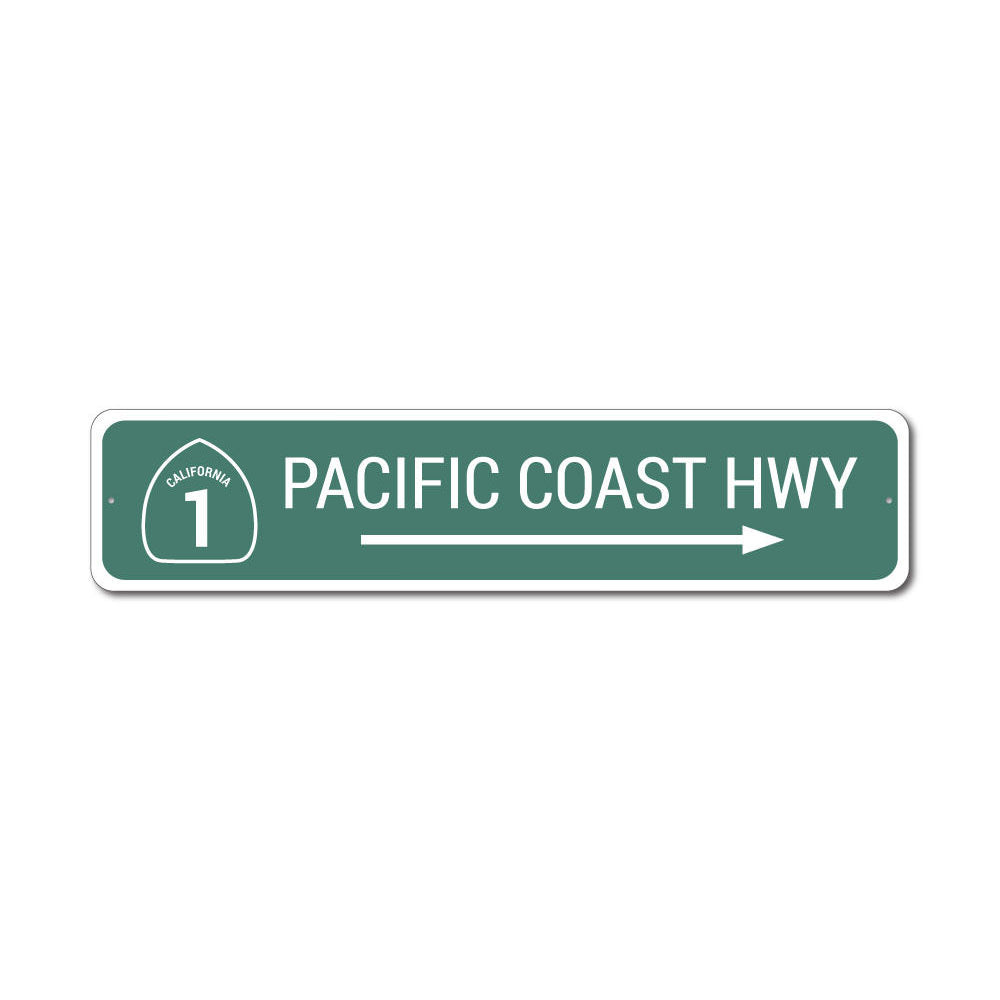 Pacific Coast Highway Sign made of durable aluminum, featuring vibrant colors and customizable text, perfect for home decor.