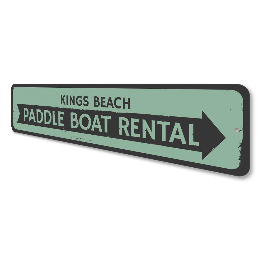 A vibrant Paddle Boat Rental Sign made of durable aluminum, featuring customizable text and pre-drilled holes for easy mounting, perfect for beach-themed decor.