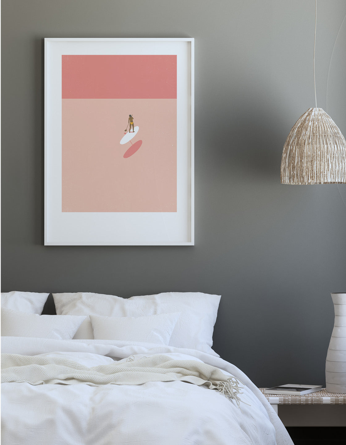 A serene art print featuring a woman paddleboarding in shallow waters, perfect for bathroom decor.