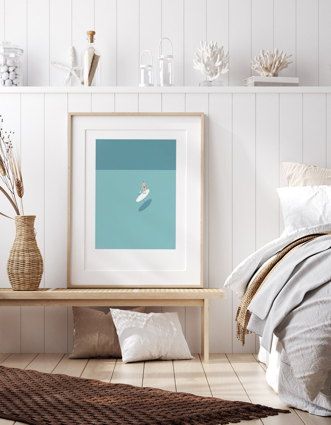 A serene art print featuring a woman paddleboarding in shallow waters, perfect for bathroom decor.