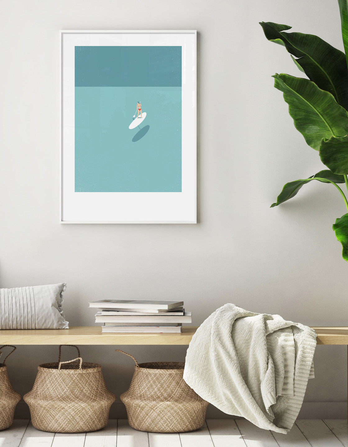 A serene art print featuring a woman paddleboarding in shallow waters, perfect for bathroom decor.