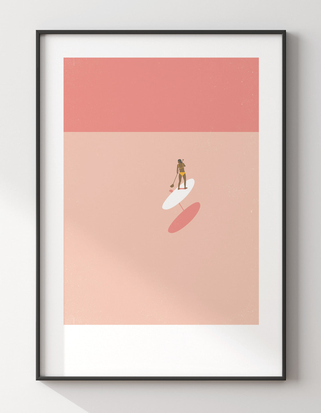 A serene art print featuring a woman paddleboarding in shallow waters, perfect for bathroom decor.