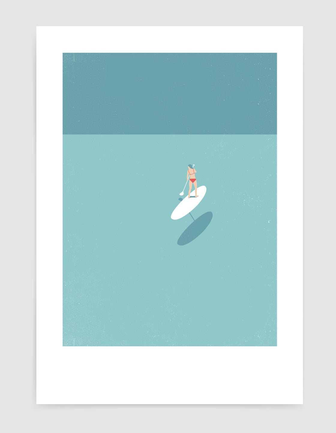 A serene art print featuring a woman paddleboarding in shallow waters, perfect for bathroom decor.