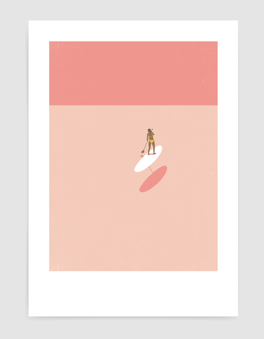 A serene art print featuring a woman paddleboarding in shallow waters, perfect for bathroom decor.