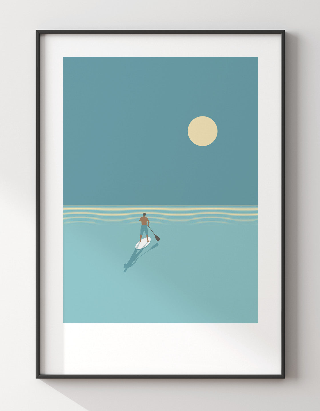 A serene paddleboarder silhouetted against a vibrant sunset, showcasing cool blues and minimalist design.