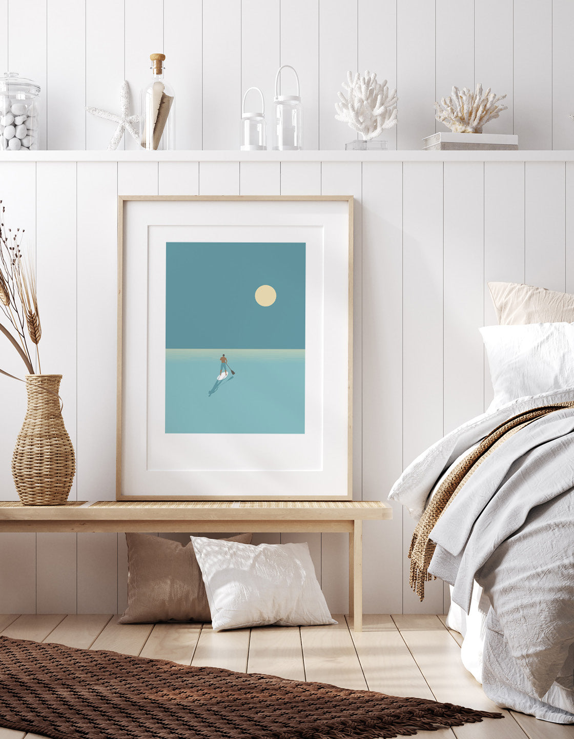 A serene paddleboarder silhouetted against a vibrant sunset, showcasing cool blues and minimalist design.