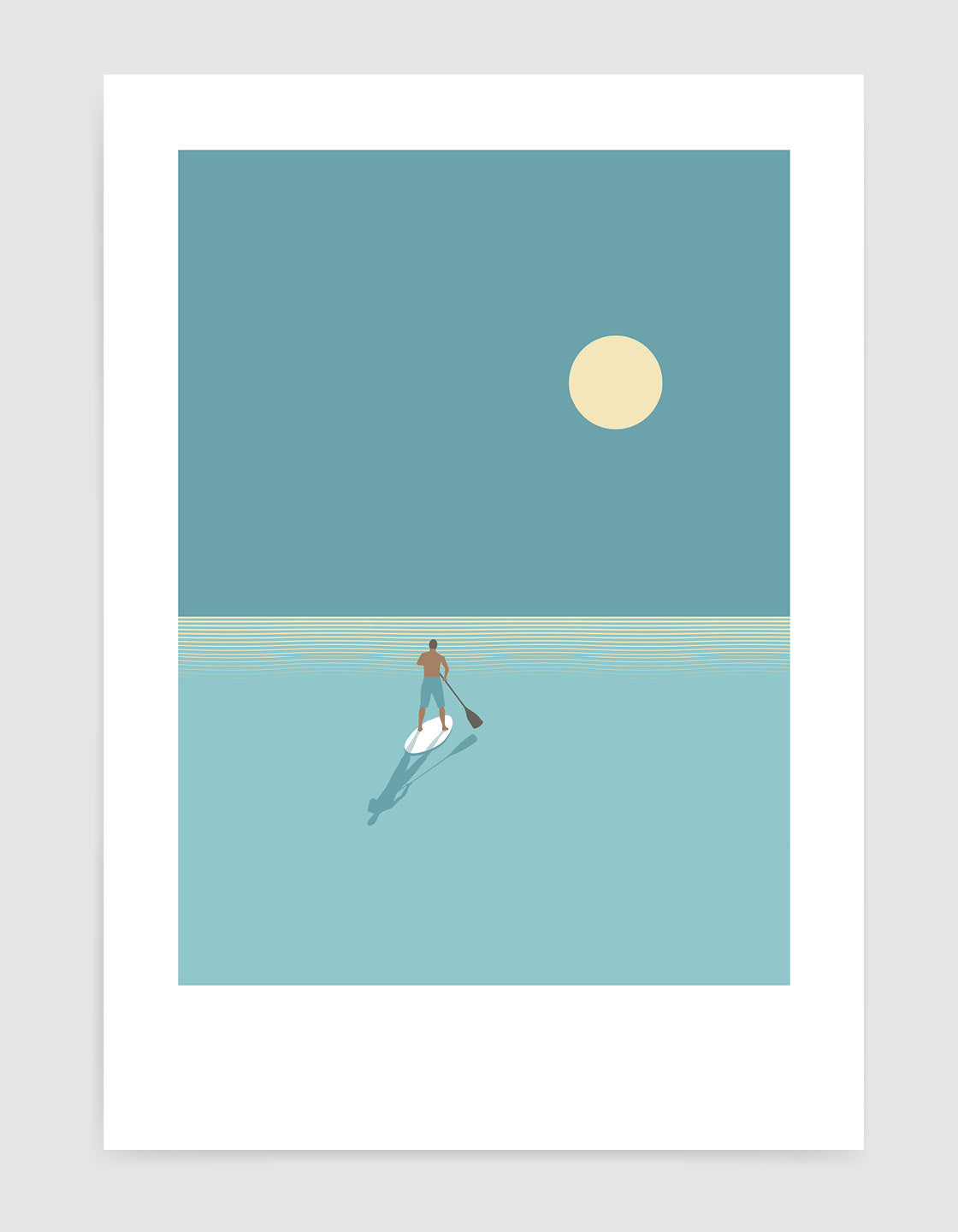 A serene paddleboarder silhouetted against a vibrant sunset, showcasing cool blues and minimalist design.