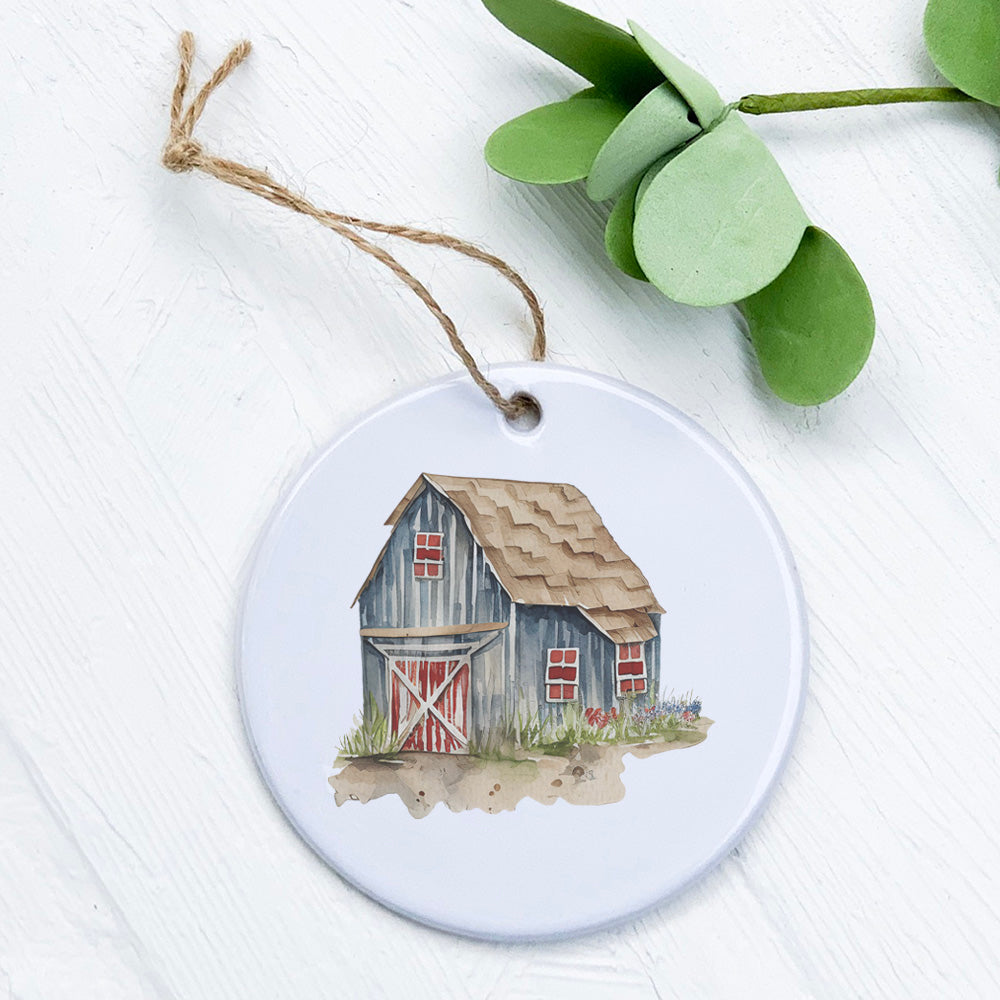 Painted Barn Ornament made of high-quality porcelain with vibrant rural design, perfect for gifting or home decor.