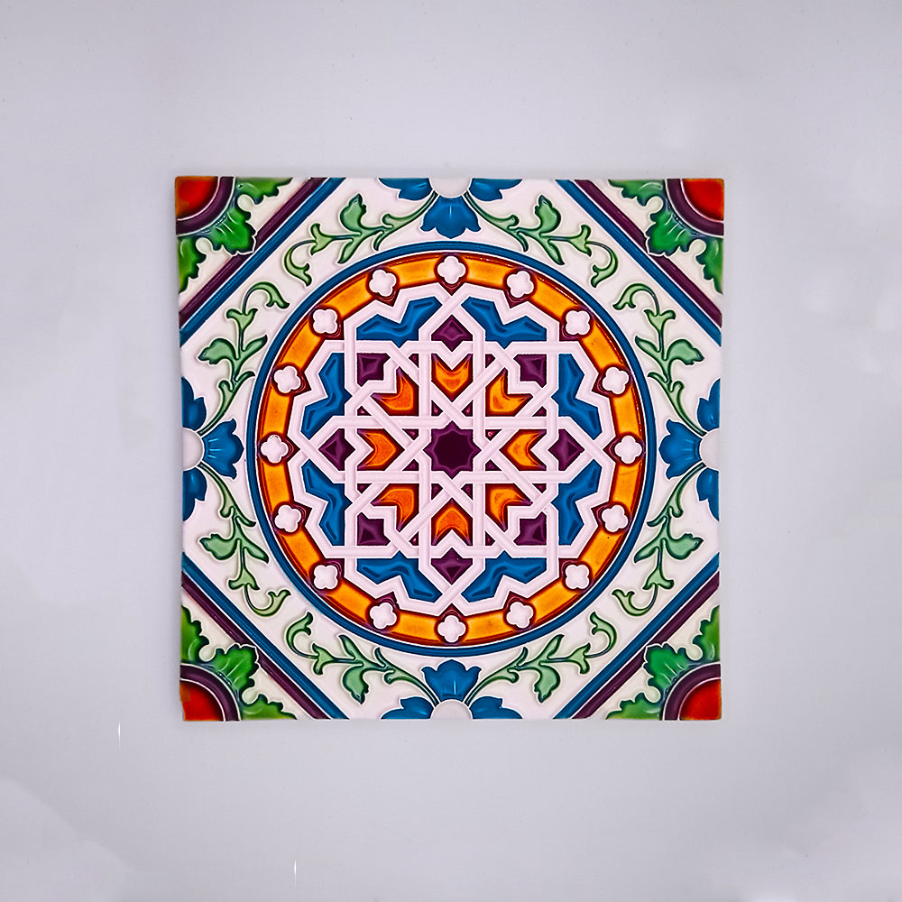 Hand-painted ceramic tile featuring intricate Iberian designs and vibrant colors, showcasing artisanal craftsmanship.