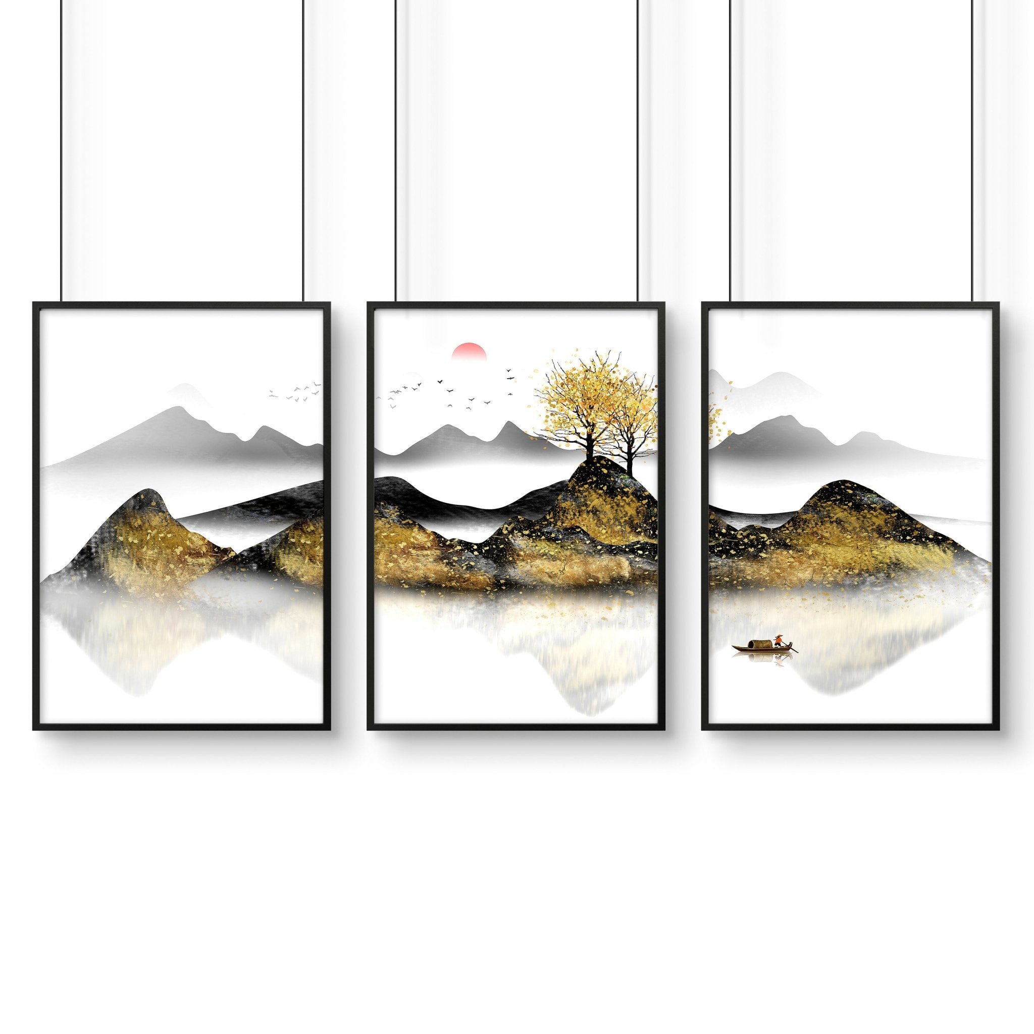 Set of 3 framed wall art prints depicting serene Japanese sunrise landscapes with shimmering gold details, perfect for bedroom decor.