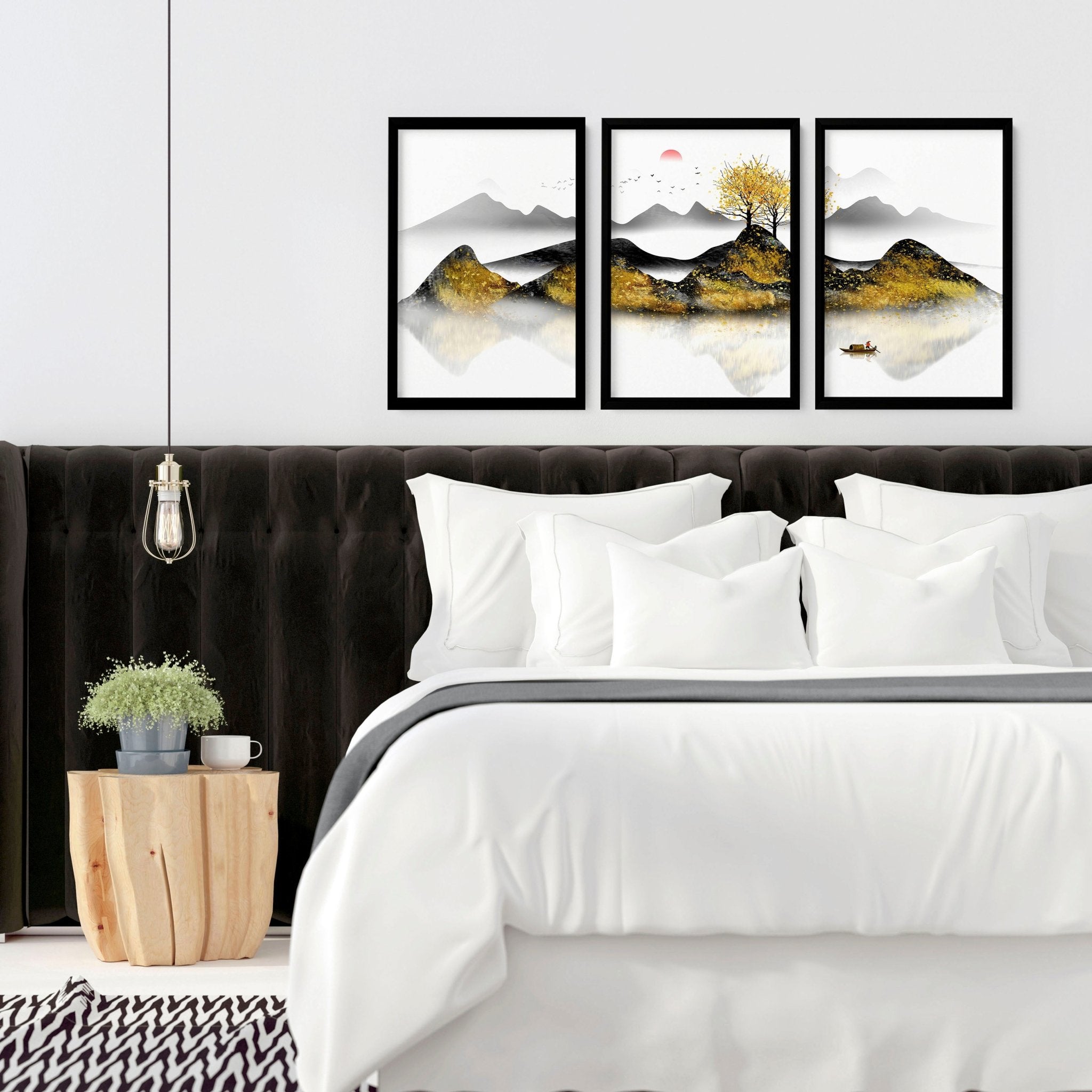 Set of 3 framed wall art prints depicting serene Japanese sunrise landscapes with shimmering gold details, perfect for bedroom decor.