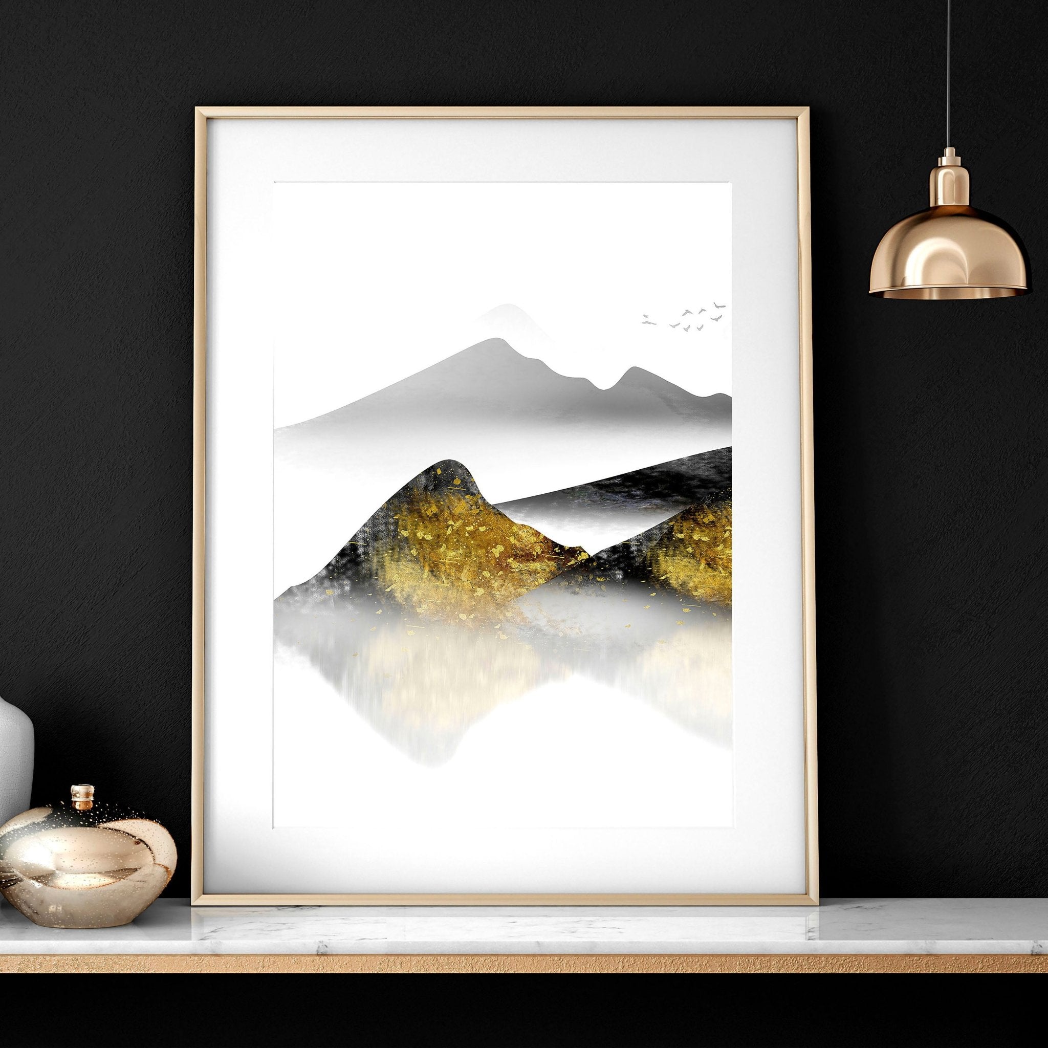 Set of 3 framed wall art prints depicting serene Japanese sunrise landscapes with shimmering gold details, perfect for bedroom decor.