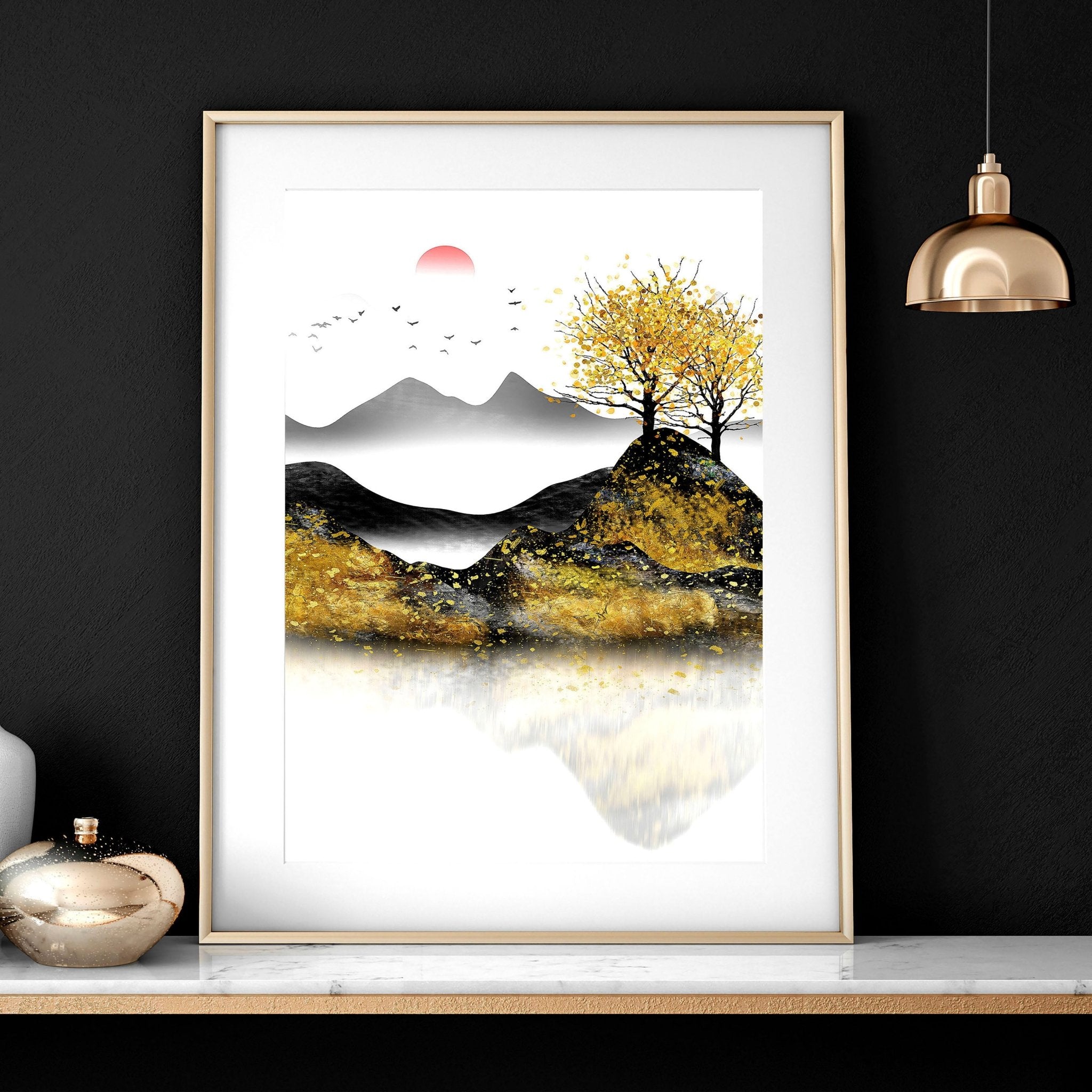 Set of 3 framed wall art prints depicting serene Japanese sunrise landscapes with shimmering gold details, perfect for bedroom decor.