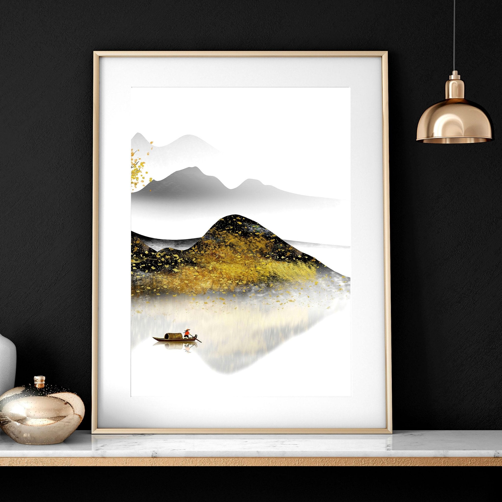 Set of 3 framed wall art prints depicting serene Japanese sunrise landscapes with shimmering gold details, perfect for bedroom decor.