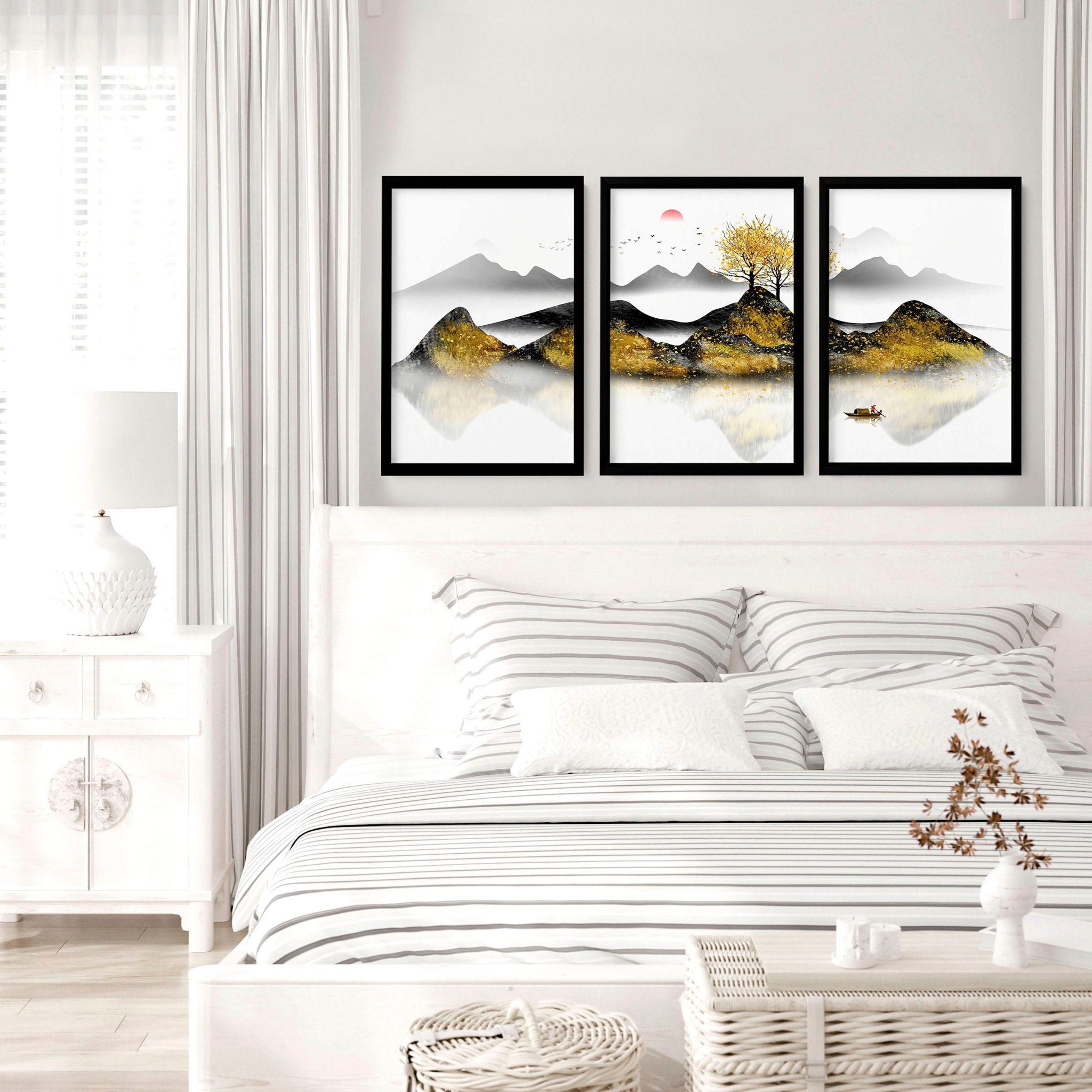 Set of 3 framed wall art prints depicting serene Japanese sunrise landscapes with shimmering gold details, perfect for bedroom decor.