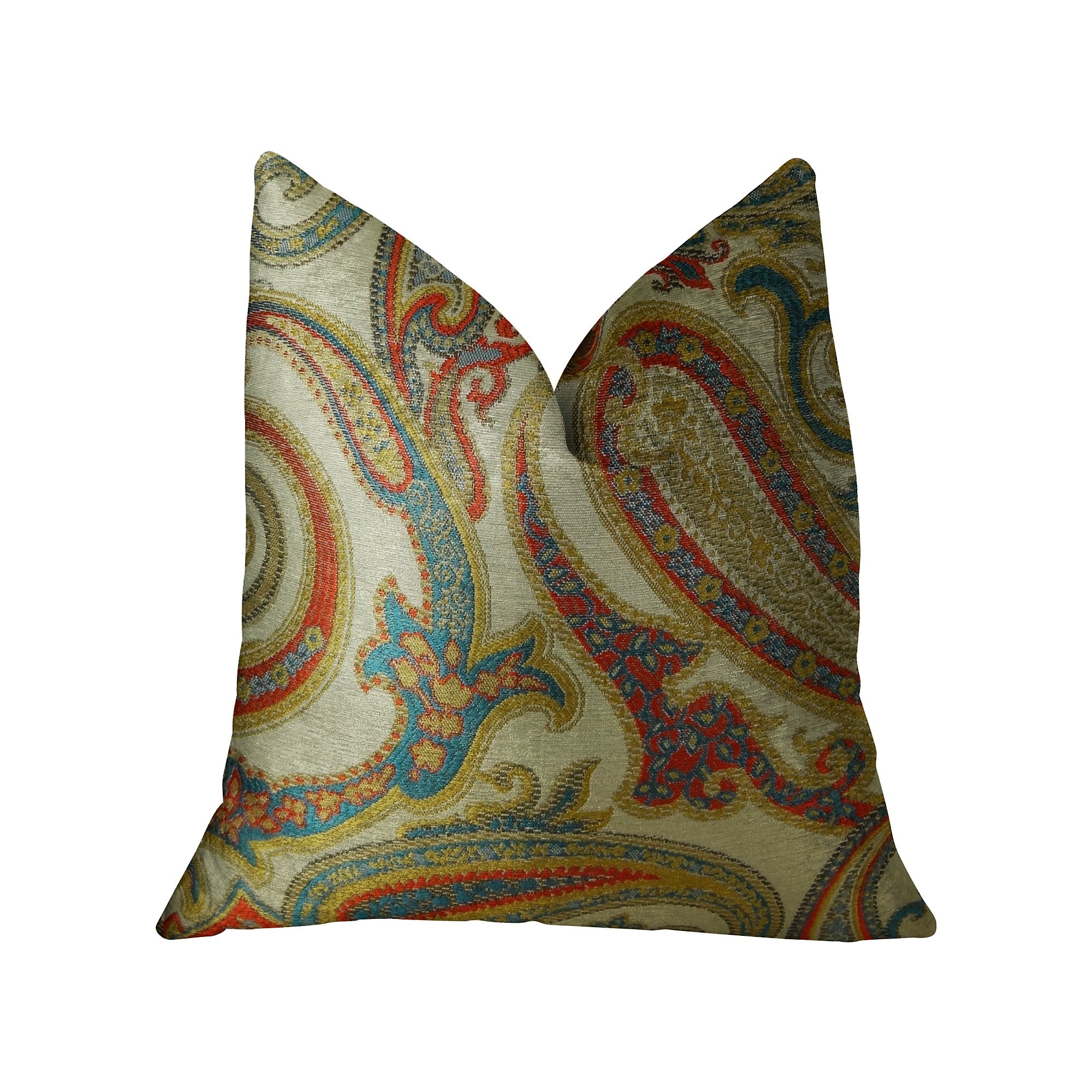 Paisley Bay Cream Red and Blue Handmade Luxury Pillow featuring a vibrant paisley pattern, double-sided design, and invisible zipper enclosure.