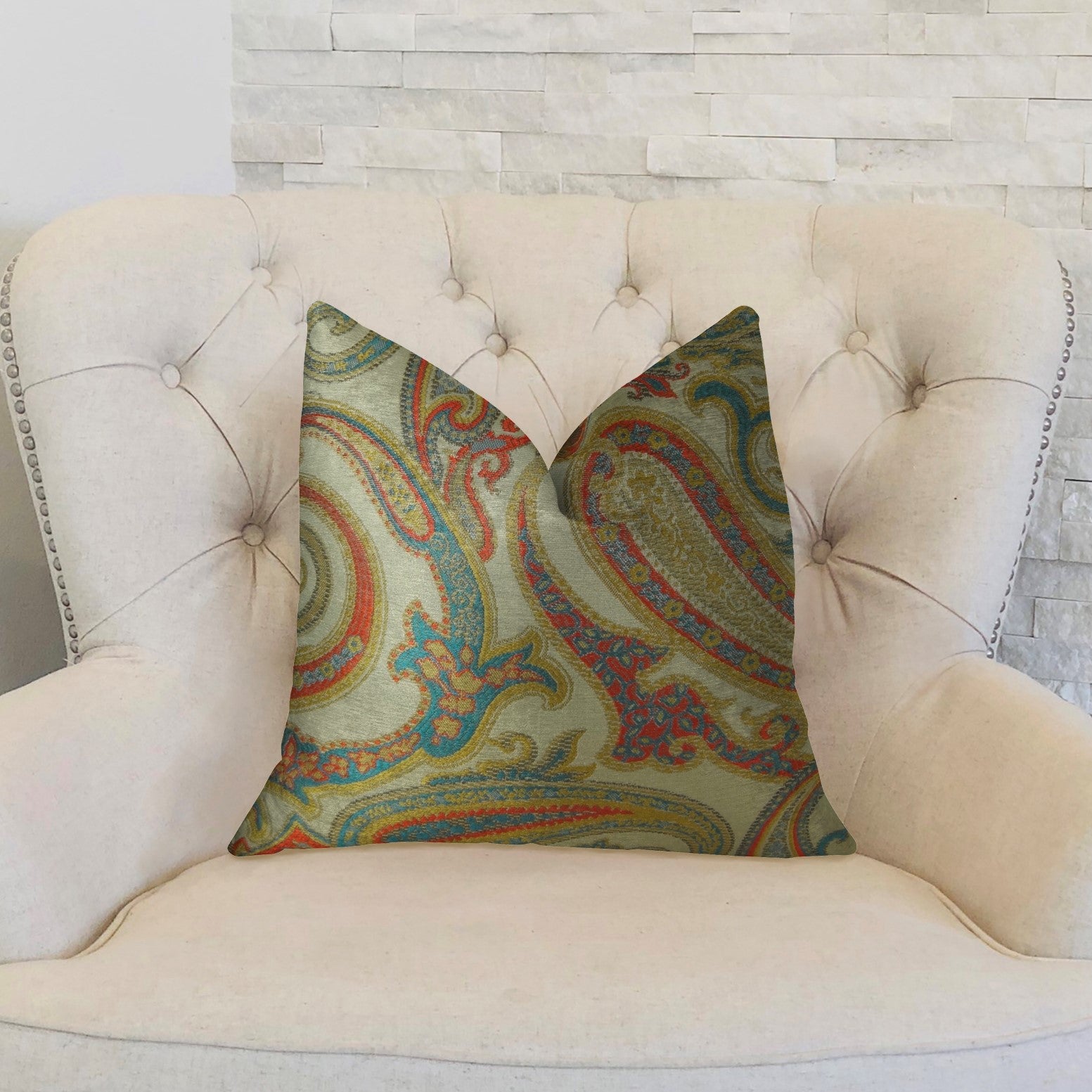 Paisley Bay Cream Red and Blue Handmade Luxury Pillow featuring a vibrant paisley pattern, double-sided design, and invisible zipper enclosure.