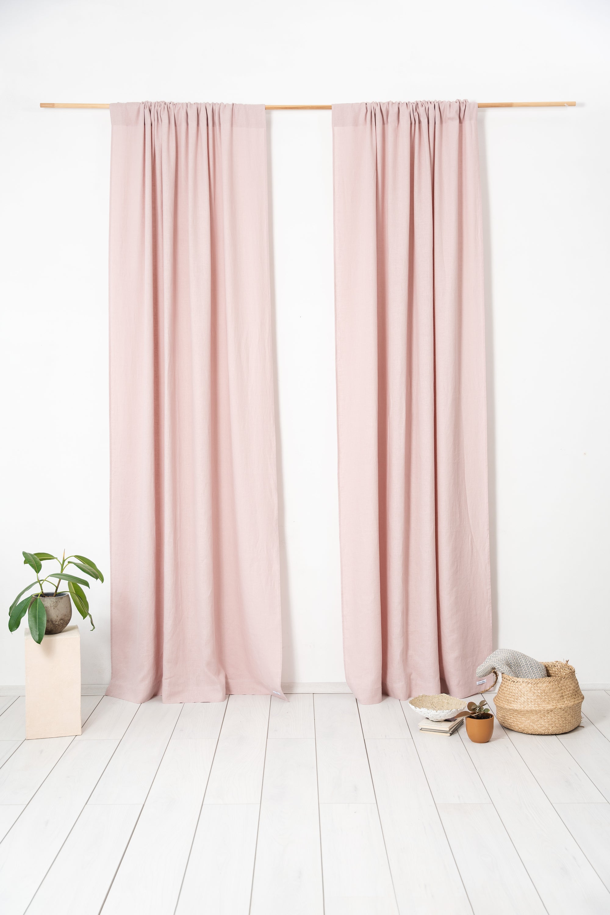 Pale Pink linen curtain panel with rod pocket, showcasing its soft texture and elegant color.