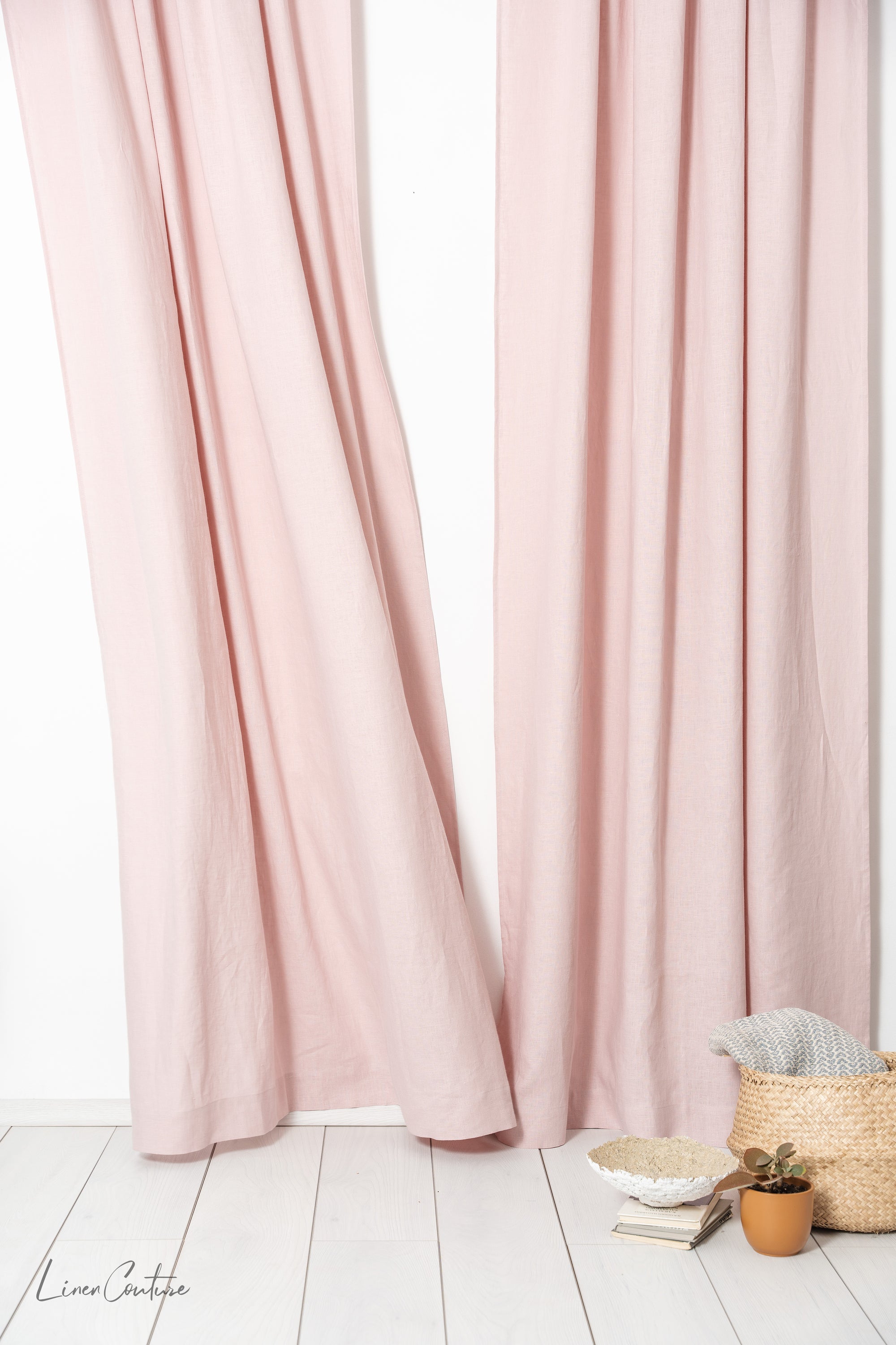 Pale Pink linen curtain panel with rod pocket, showcasing its soft texture and elegant color.