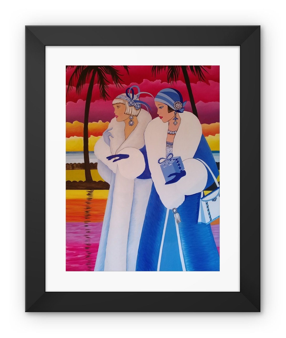 Palm Beach Blue Art Deco Framed Print featuring vibrant colors in a handmade black frame with shatterproof plexiglass.