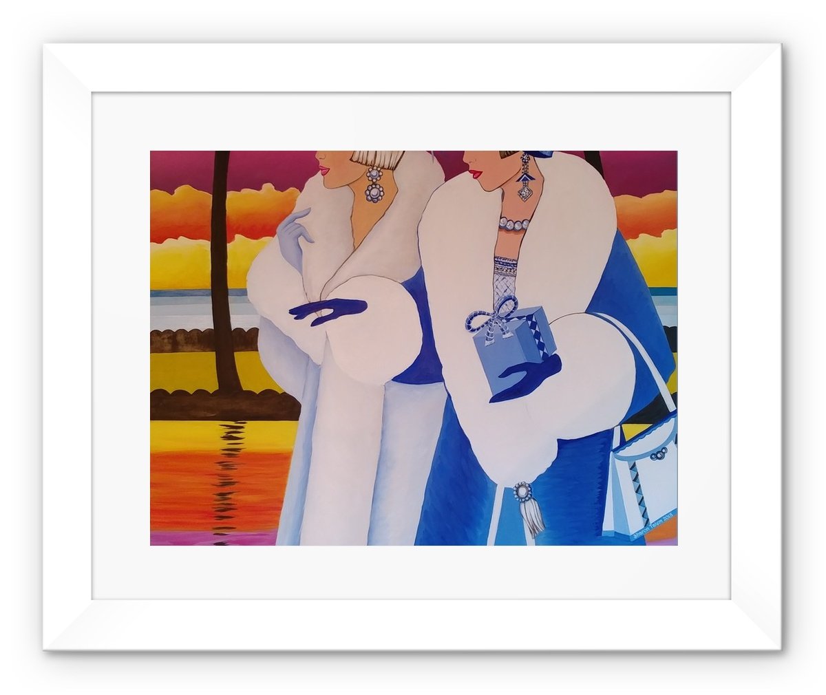 Palm Beach Blue Art Deco Framed Print featuring vibrant colors in a handmade black frame with shatterproof plexiglass.