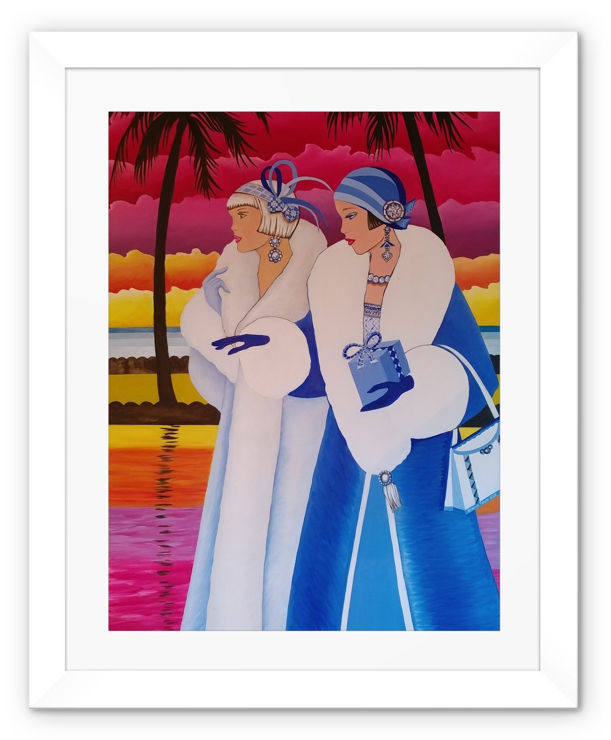 Palm Beach Blue Art Deco Framed Print featuring vibrant colors in a handmade black frame with shatterproof plexiglass.