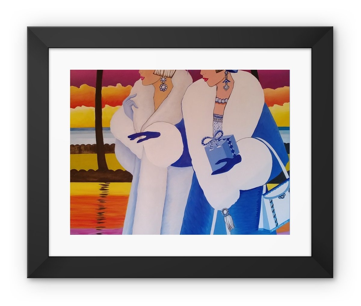 Palm Beach Blue Art Deco Framed Print featuring vibrant colors in a handmade black frame with shatterproof plexiglass.