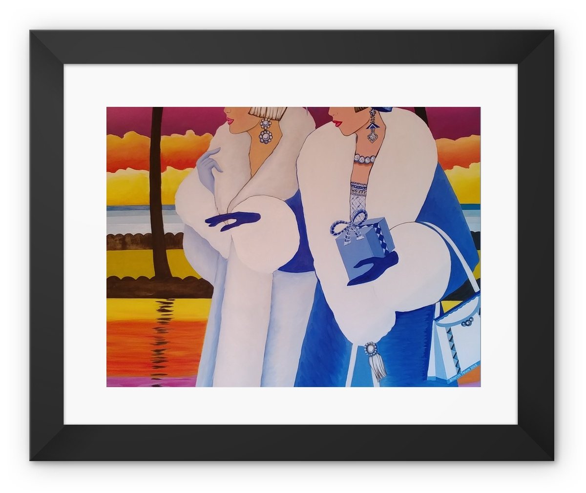 Palm Beach Blue Art Deco Framed Print featuring vibrant colors in a handmade black frame with shatterproof plexiglass.