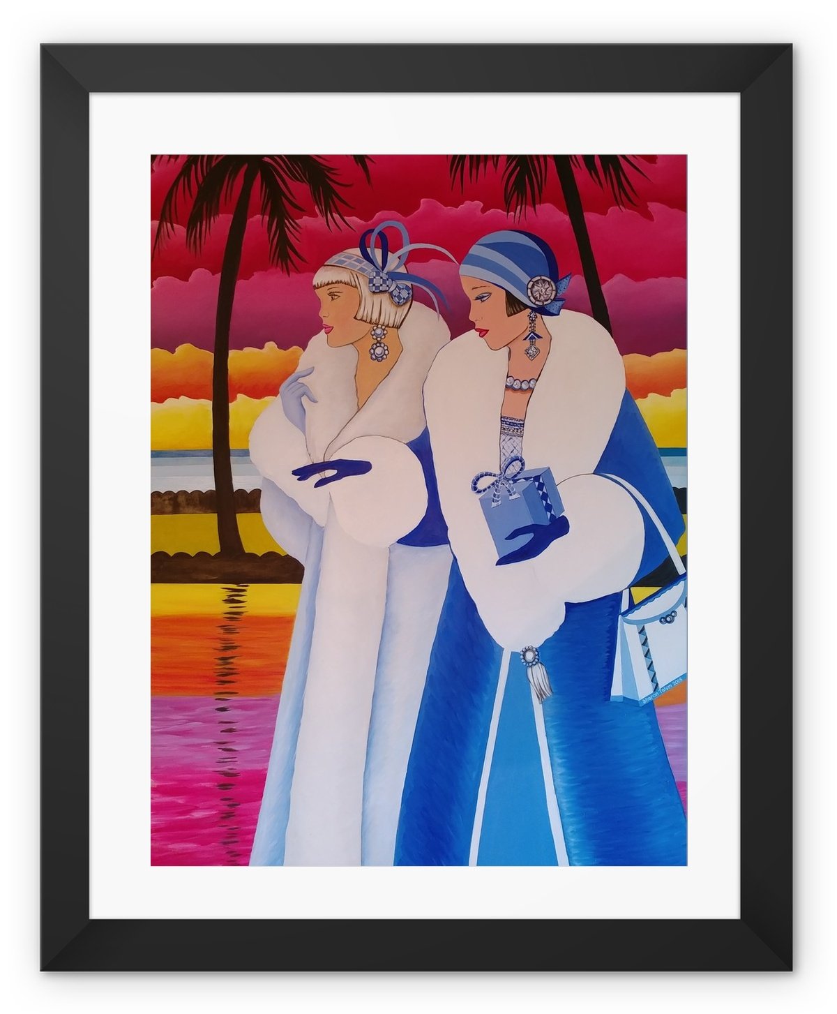 Palm Beach Blue Art Deco Framed Print featuring vibrant colors in a handmade black frame with shatterproof plexiglass.