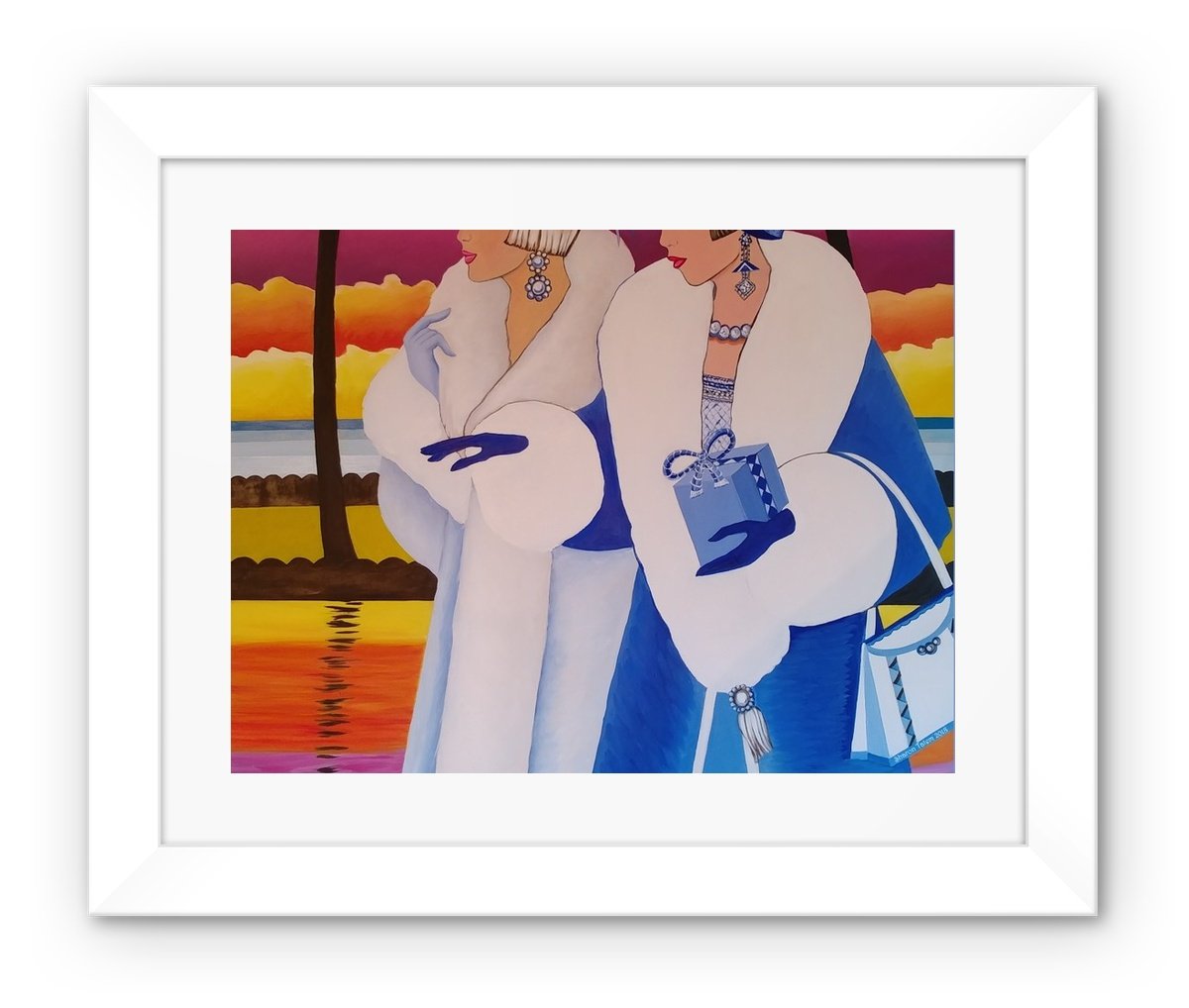 Palm Beach Blue Art Deco Framed Print featuring vibrant colors in a handmade black frame with shatterproof plexiglass.