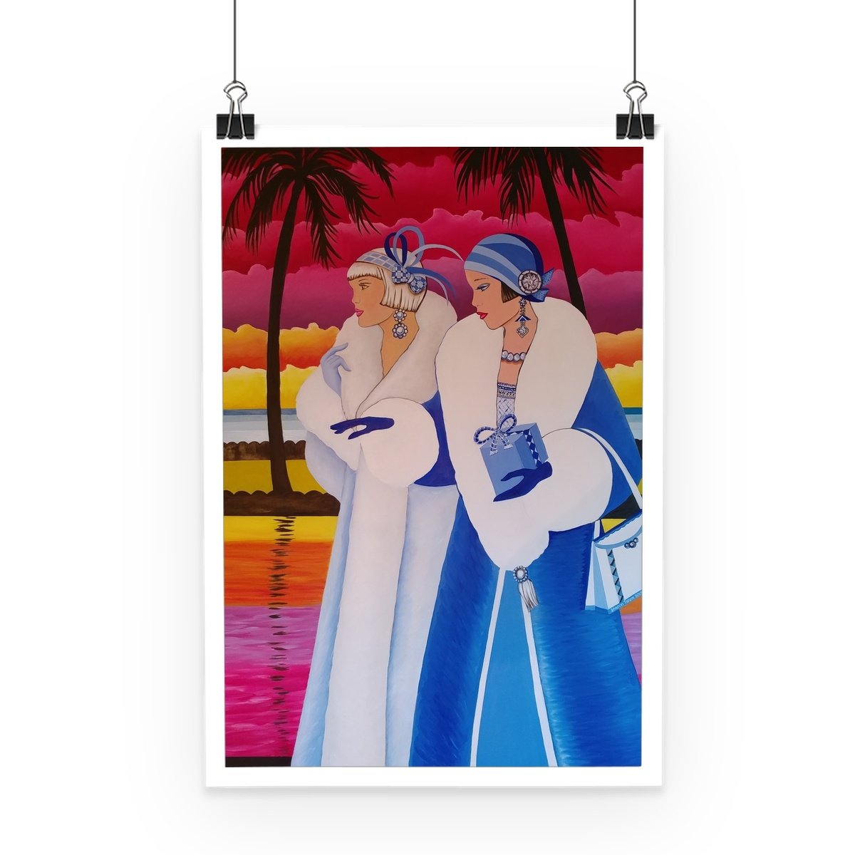 Palm Beach Blue Art Deco Poster featuring vibrant colors and geometric patterns on satin-finished paper.