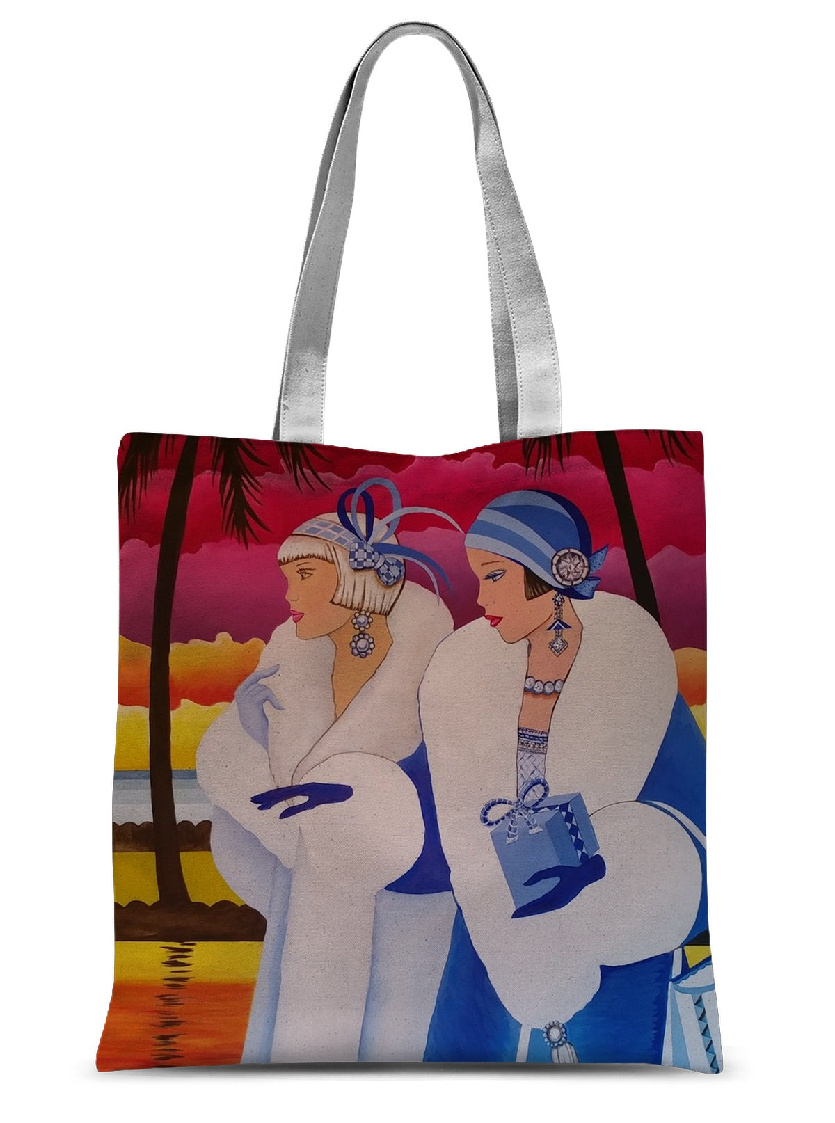 Palm Beach Blue Art Deco Sublimation Tote Bag featuring a vibrant blue design and durable black webbing handles.