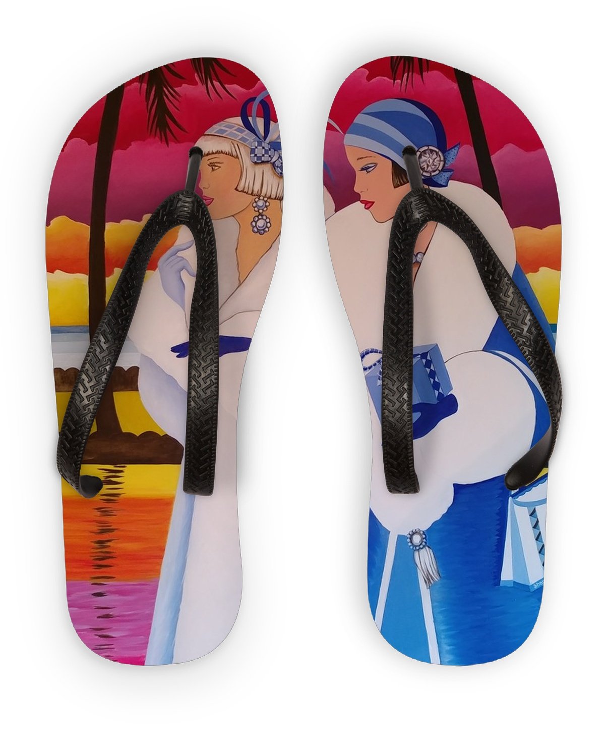 Palm Beach Blue Flip Flops with black rubber straps, showcasing a vibrant blue color and quality polyester material.