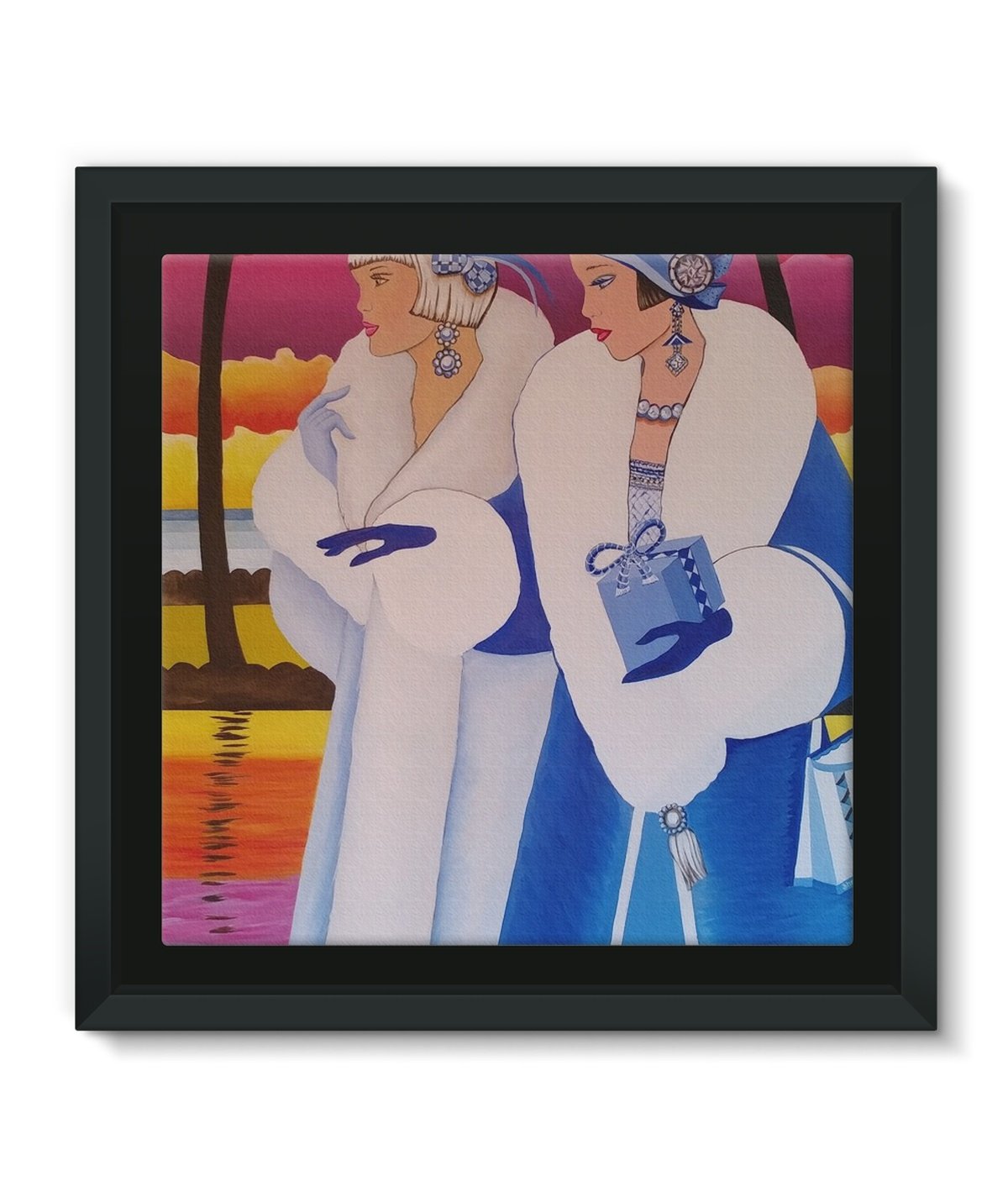 Palm Beach Blue Framed Canvas Lite featuring vibrant colors and a sleek black floater frame, ideal for modern decor.